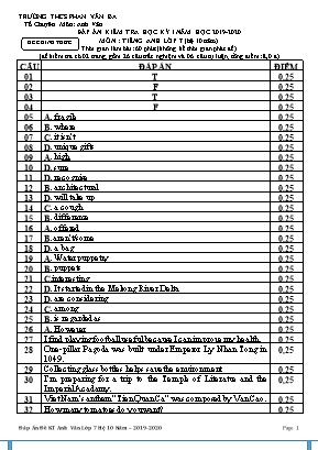 Đáp án đề kiểm tra học kỳ I môn Tiếng Anh Lớp 7 (Hệ 10 năm) - Năm học 2019-2020 - Trường THCS Phan Văn Ba